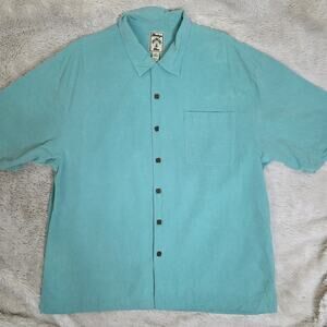 Montego Mon Mens Hawaiian Shirt Size XL 100% Silk Aqua Button Down Short Sleeve
